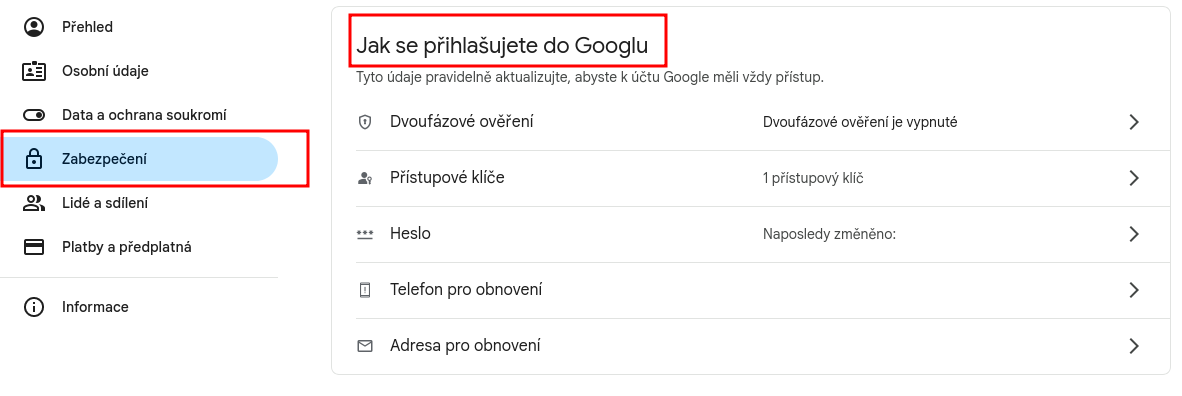 Google účet, část Zabezpečení