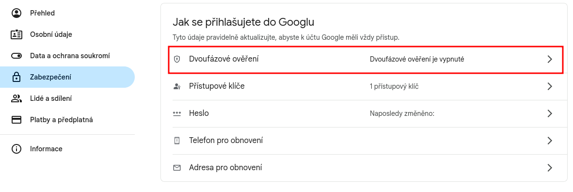 Google účet, vypnuto Dvoufázové ověření