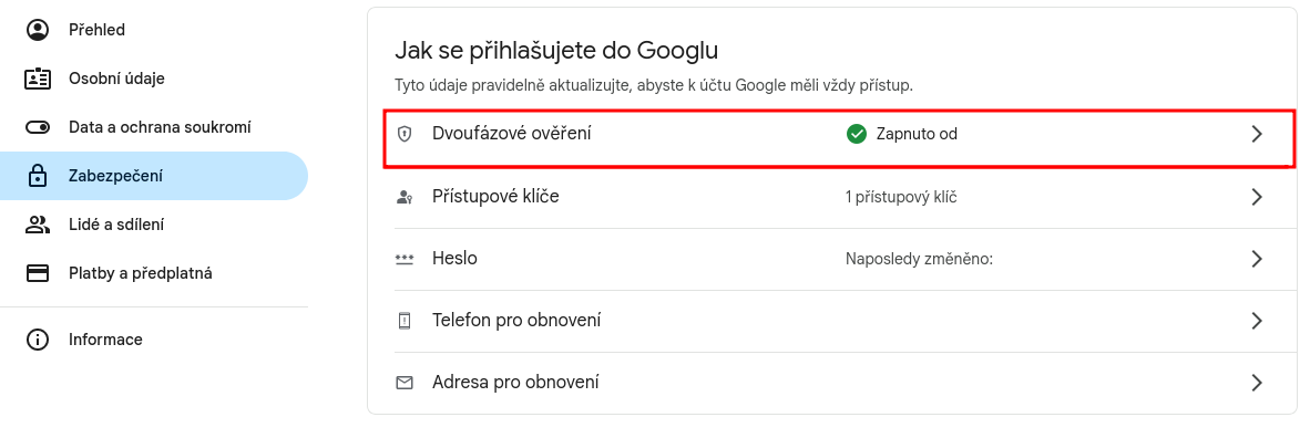 Google účet, zapnuto Dvoufázové ověření